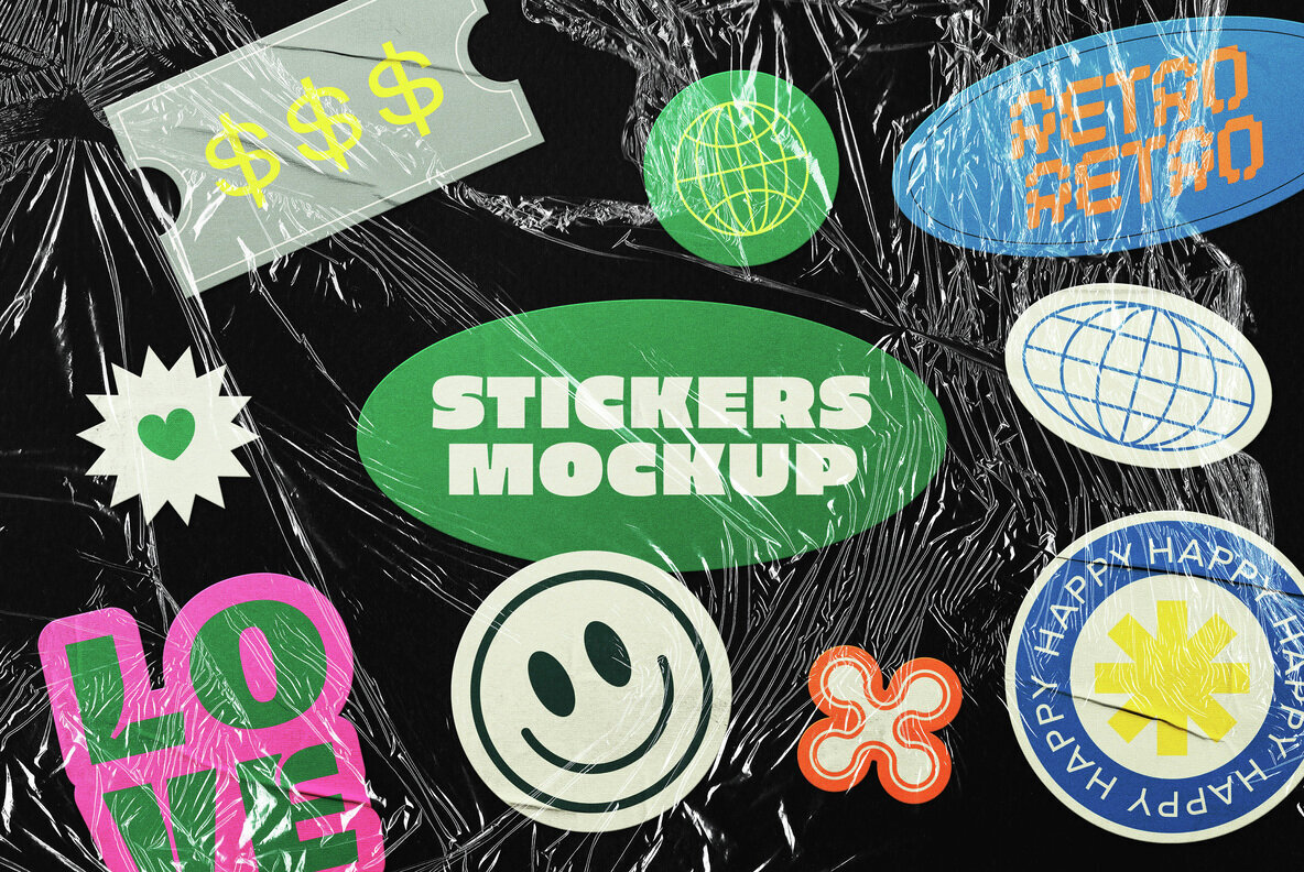 Download Wrinkled Plastic Stickers Mockup Graphics - Image 1