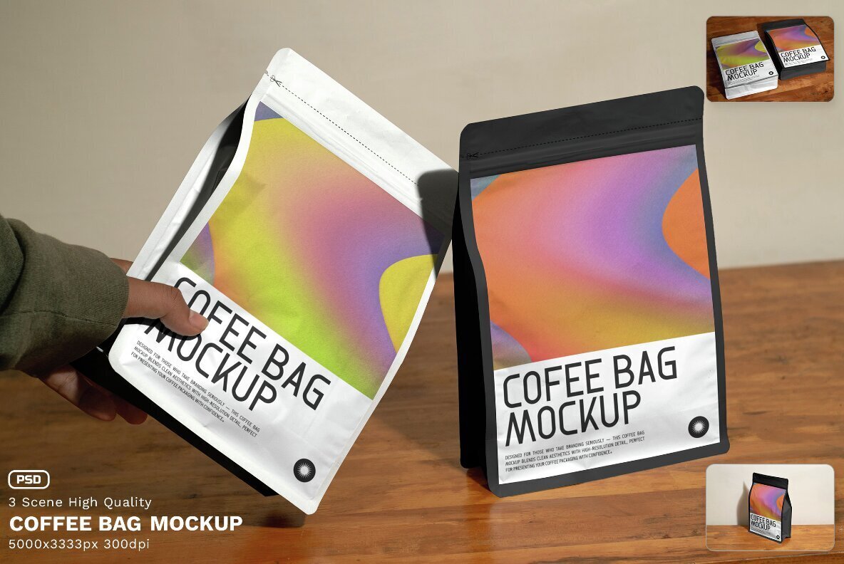Download 3 Realistic Scene Coffee Bag Mockup – VOL 5 Graphics - Image 1